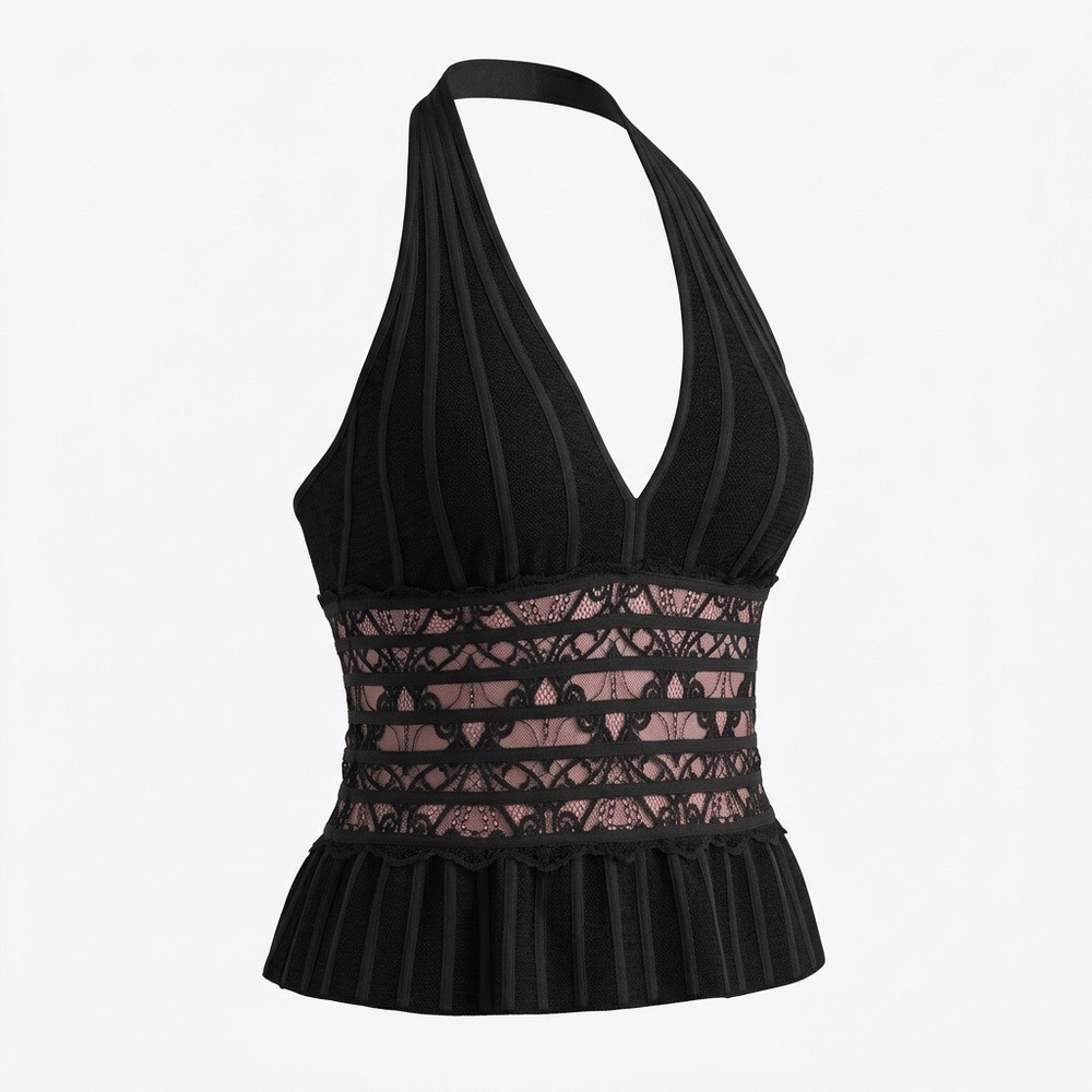 Cache Vintage Y2K Black Lace Halter Top Satin Ribbon Peplum Goth Size 10